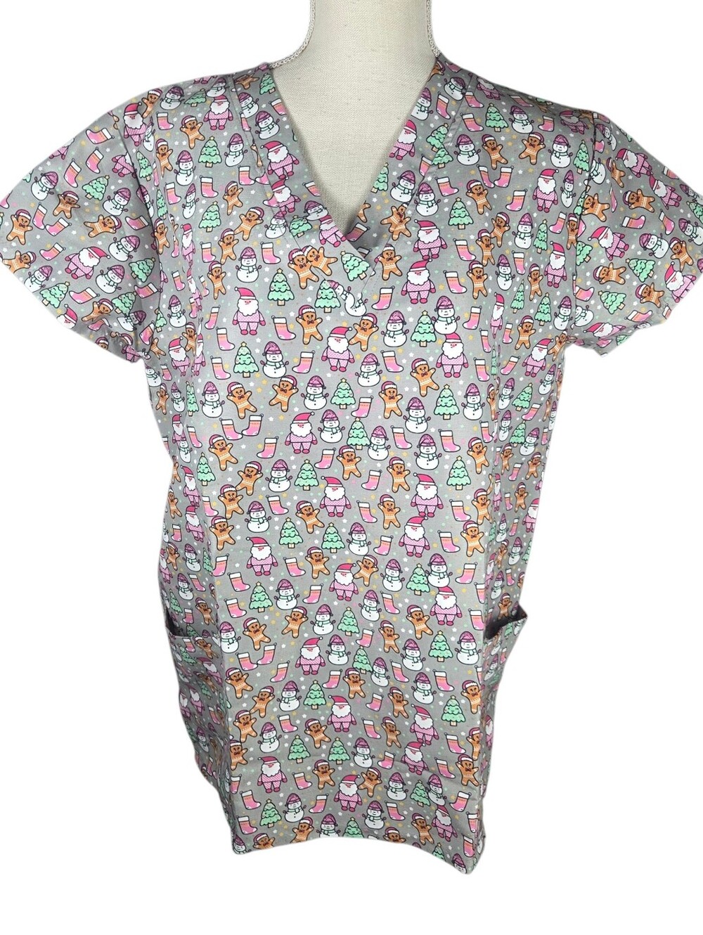 Christmas Scrub Top Medium NEW V-Neck -Short Sleeve -Double Front Pockets